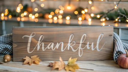 Wooden "Thankful" sign with autumn leaves and bokeh lights in the background
