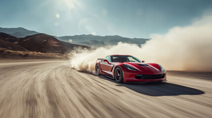 A red Corvette racing down a desert road, dust flying up behind it in a cloud