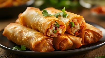 Hyper real plate of Thai crispy spring rolls on a wood table, capturing the golden crust and fresh ingredients inside