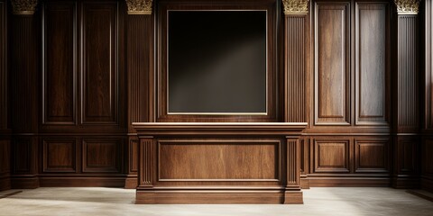 Dark wood paneled walls with a shelf.