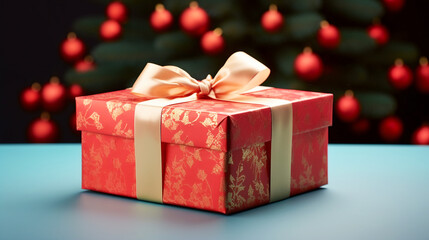 Obraz premium Christmas gift box wrapped in red paper tied with golden silk ribbon and bow. Decorated Christmas tree.Holiday presents shopping celebration concept