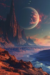 Majestic Alien Landscape with Enormous Moon Over Red Rock Formations and Serene River