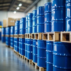 Blue barrel 200 liter chemical drums are stacked on wooden pallets inside the warehouse awaiting delivery. Concept of Chemical industry, petroleum industry and transportation technology