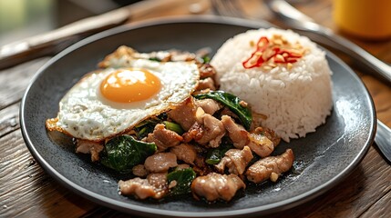 Hyper real traditional Thai Pad Kra Pao (stir-fried basil with pork), served with rice and fried egg on a wood table