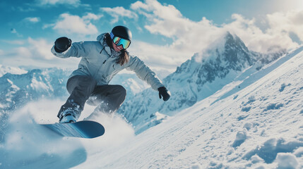 Young girl in sportswear sliding on snowboard on snowy mountains. Winter activity. Winter sport concept, copy space.