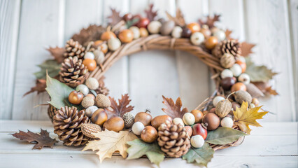 Autumn wreath made of pine cones, acorns, and leaves hanging on a white door