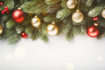 Fototapeta premium Christmas New Years banner red golden ornament balls fir tree branches decorations on white pastel background. Template with copy space