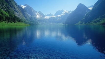 Tranquil mountain lake reflecting snow-capped peaks under a clear blue sky in summer