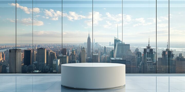 Fototapeta Cityscape seen through a window with a round platform.
