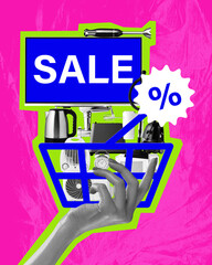 Poster. Contemporary art collage. hand raises shopping basket loaded with kitchen appliances, over neon pink background with bold green accents. Concept of Black Friday, sale season, shopping online.