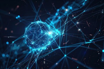 Abstract digital representation of interconnected nodes and lines resembling a molecular structure in blue tones