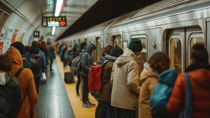 A crowd of blurred people moves along a passage between subway stations. People board a recently arrived train at a station in the train network. People on a subway train