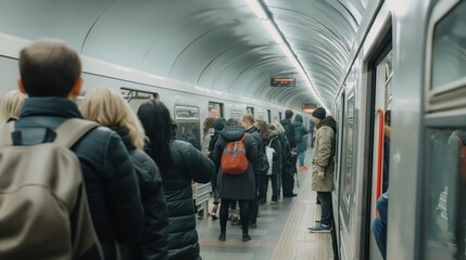 A crowd of blurred people moves along a passage between subway stations. People board a recently arrived train at a station in the train network. People on a subway train