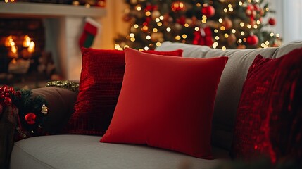 Mockup of a plain holiday pillow on a couch, with festive decorations, garlands, and a glowing Christmas tree in the background. 4K hyperrealistic photo.