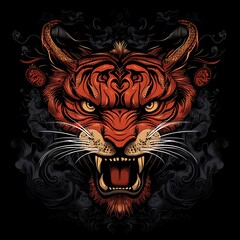 A Fierce Red Tiger Head with Black Swirling Design in the Background