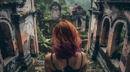 Naklejka premium Woman With Vibrant Hair Exploring Mysterious Ruins