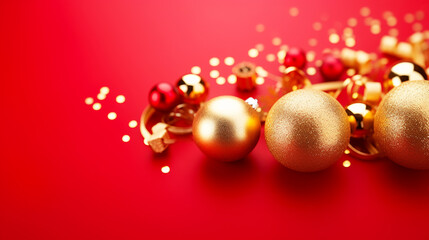 Christmas New Years greeting card long banner with red golden, ornaments balls garland on dark crimson background. Template with copy space