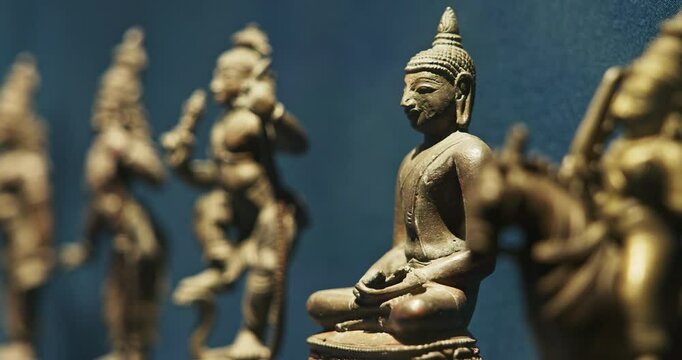 Old Ancient Bronze Figurines Of Indian Deities And Avatars. 10-19th Century Ce. Rama Avatara, Krishna Avatara, Buddha. Close-up View on Kalki Avatara