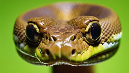Fototapeta premium A snake in close-up with a brown head and eyes on a green background.