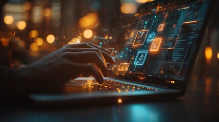 Man using laptop, digital wallet with financial icons hologram, e-commerce