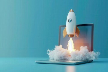 A laptop is shown with a rocket flying above it, generative ai image