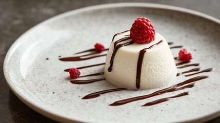  Panna cotta garnished with fresh raspberry and drizzled with chocolate sauce, served on a white plate in a minimalist style. It looks delicate and appetizing