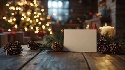 Mockup of a blank holiday card on a wooden table, surrounded by festive decorations, pinecones, and...