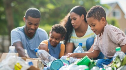 Family Sorting Recyclable Materials Together Outdoors