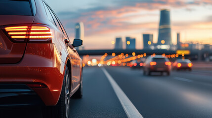 A red car on a highway at dusk with blurred city lights in the background, conveying motion and urban life.