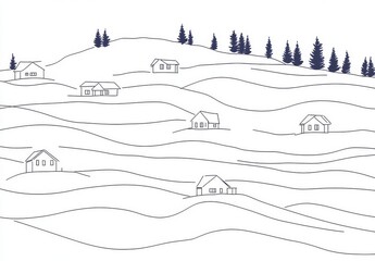 Drawing of a rural landscape with a country house and a continuous one-line drawing.