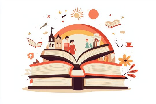 recommend clip art: Imagination of a fairy tale in a family story book. Illustration of a girl, kid, and happy child character. People reading a book, childhood reading and a cartoon young person's imaginary of a fairy