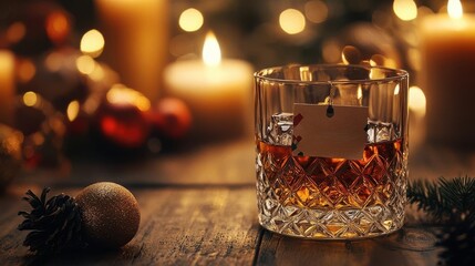 A cozy holiday scene featuring a glass of whiskey and warm candlelight, perfect for winter celebrations and festive gatherings. - Powered by Adobe