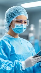 Researcher in a sterile lab using a digital tablet to control bioengineered cell cultures, stock photo, copy space for text, focus cover all object, deep dept of field