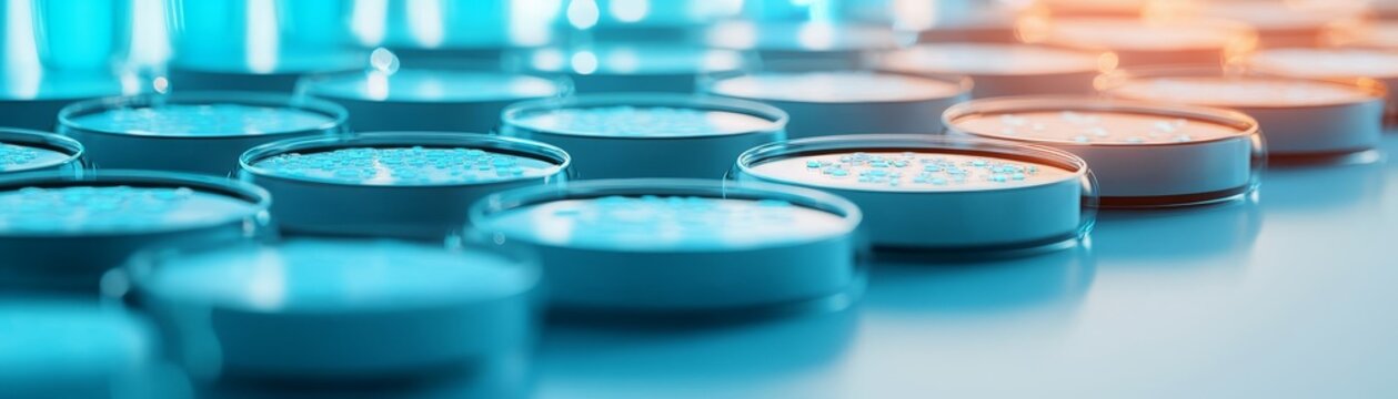 Futuristic biotech lab with rows of petri dishes growing genetically modified organisms under blue light