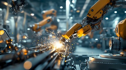 Fototapeta premium A group of robotic arms welding and repairing pouches on a production line in the background