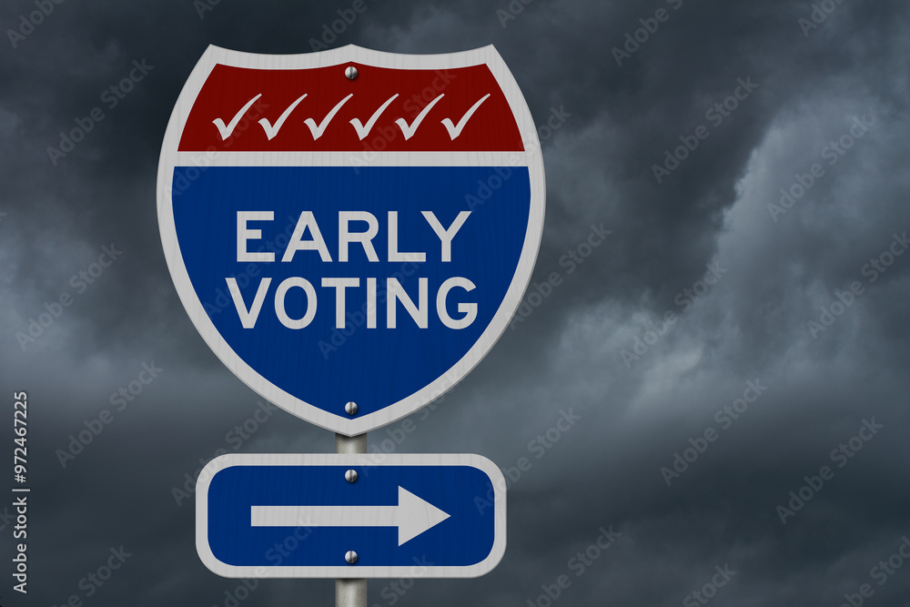 Sticker early voting message sign with stormy sky