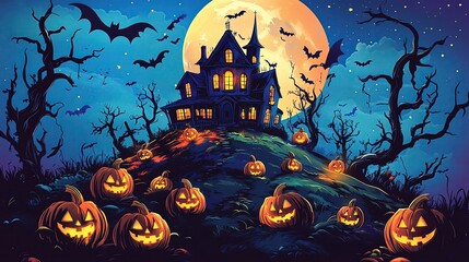 Halloween A spooky Halloween scene featuring a haunted house, glowing pumpkins, bats flying, and a full moon illuminating the dark sky.