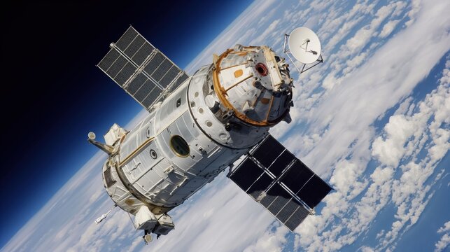 A space satellite above the Earth's surface. A telecommunications satellite providing global Internet and high-speed data transmission. A satellite in space, low Earth orbit. Space technology