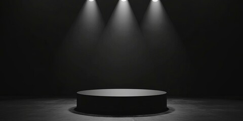 Dark room, three spotlights, circular pedestal.