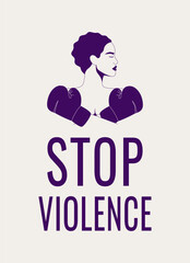 Stop Violence against women banner with silhouette of strong woman in boxing gloves and text. Domestic abuse and sexual harassment. Vector illustration