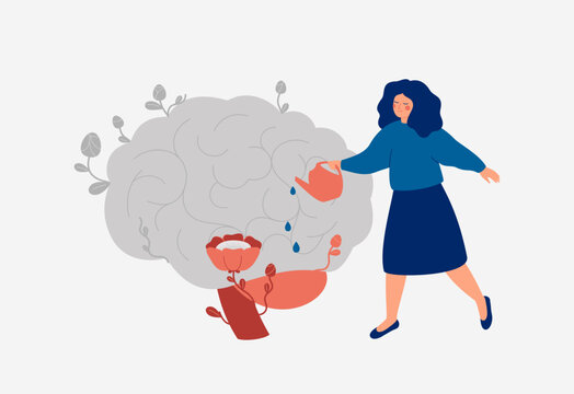 Mind care and mental health concept. Happy woman watering human brain in bloom. Psychotherapy support for good thoughts and mindset. Prevention neuro illnesses. Vector illustration