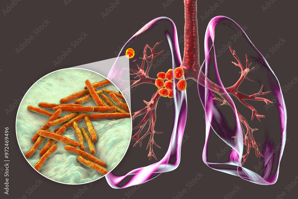 Poster Primary lung tuberculosis, 3D illustration