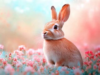 Fototapeta premium Tranquil Rabbit Among Pastel Petals - Serene Vintage Floral Scene with Soft Lighting