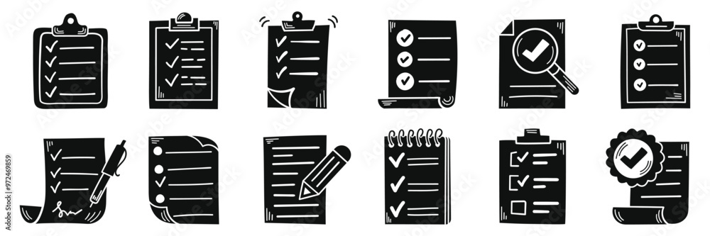 Poster hand drawn memo paper sheet icon set in flat style. checklist vector illustration on isolated backgr