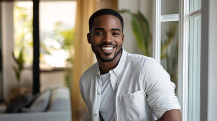 Obraz premium Young man stands smiling in the modern living room of his apartment