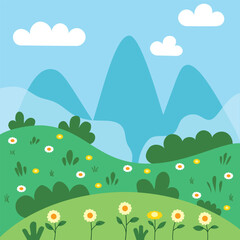 Fototapeta premium Bushes and mountains landscape icon in flat style. Spring green hills vector illustration on isolated background. Nature with flowers and plants sign business concept.