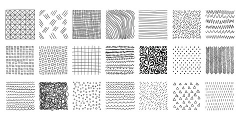 Hand drawn patterns in square icons set in flat style. Doodle sketch vector illustration on isolated background. Chaotic random waves sign business concept.