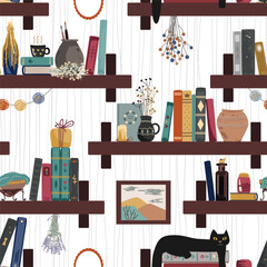 Seamless pattern with vintage books, cat, hot drink mug, and different retro things. Old and mysterious interior. Standing books wall background. Home library © Toltemara