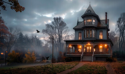 Eerie Haunted House with Victorian Mansion, Crows, and Fog – Digital Painting of a Mysterious Atmosphere