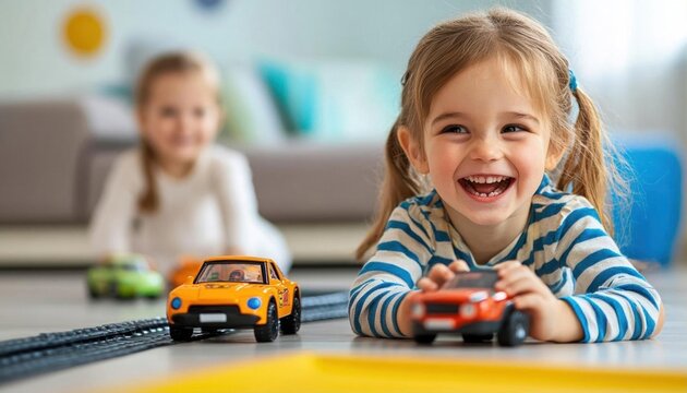 Happy little girl playing with toy cars on the floor.